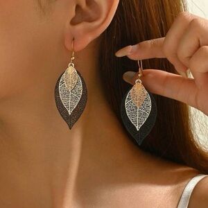 Gold and Black Leaf Earrings